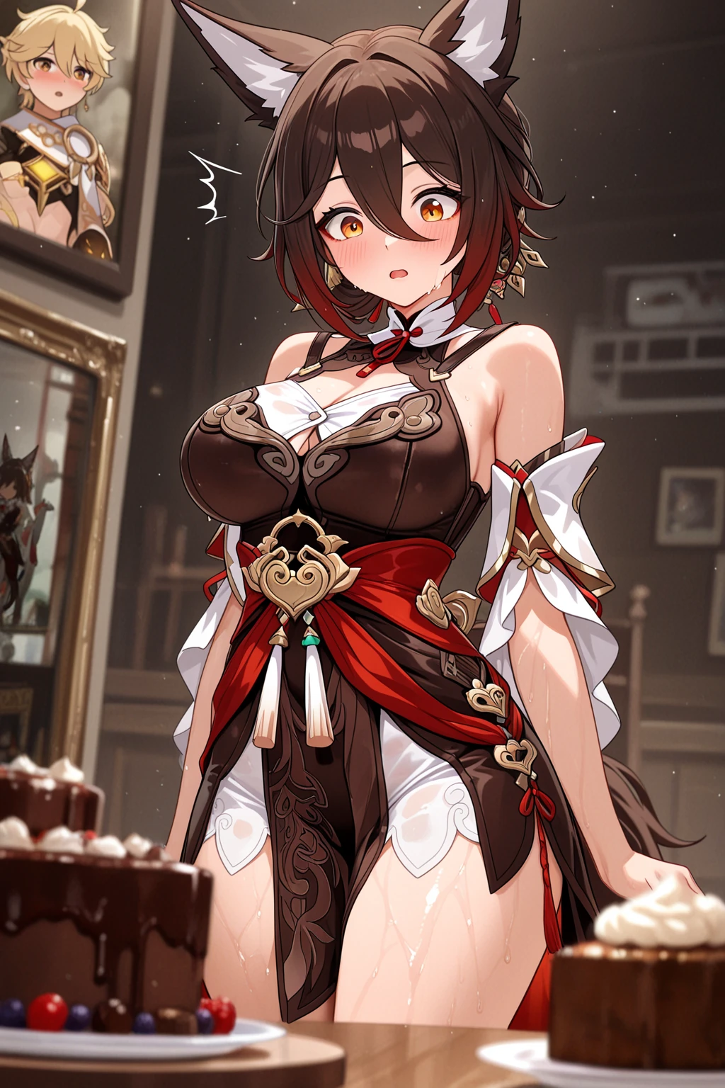 Under the legend，Chara，girl，sexy for，Crop tops，hot pant，stocklings，Full body standing painting，tempting pose，with short brown hair，Be red in the face，Mannequin，Lust，Hand repair，the detail，X-rated，??? clothes，green color，k hd, camel toe,