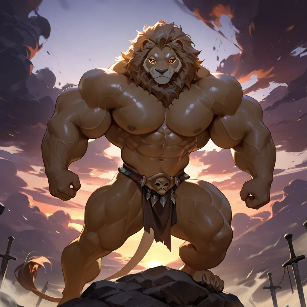 lion king, a lion tribal chief, eastern warrior, male lion, massive hefty body, with very big muscles, hulking, huge, colossal body, extremely strong, huge abdominal muscles, hefty abs, pecs, plump big muscle abs, Strong and robust muscle abs, daddy body muscle-gut abs, massive prominent muscle abs, sharp claws, legs, feet claws, full body, loincloth, nipples, 4k, best quality.