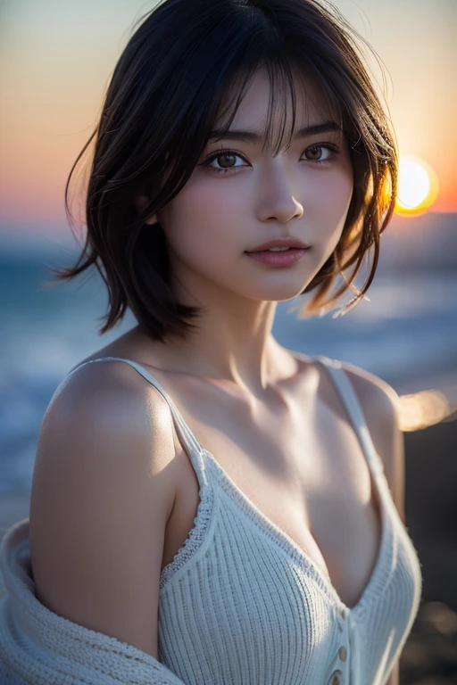 (Hyper Reality: 1.35), (Realistic: 1.4), A beautiful Japanese woman, smile, alone. (((No makeup))), masterpiece, 最high quality, high quality, alone, Very good, Puberty, Only one girl, (Pear-shaped body:1.2), (Well-trained slim body:1.2),athlete, muscular, slim body, breasts apart, (Thick thighs), (最high quality)),((Very delicate and beautiful)),((Very shallow depth of field)), ((Incredibly shallow depth of field)). Familiar, ((Very delicate and beautiful)), (((Very shallow depth of field))), (((Unbelievably absurd))), dark brown hair, blowing boyish bob hair, shag messy hair, wolf cut, big hair, Windで揺れる髪, Slim body type, ((( Camera Eye)))), (((small ))), Looks like a salon model, Cool face, Neutral facial features,(ecstasy:1.3) ,(slut:1.2),(vulgarity:1.3),(fucked silly:1.1),(steam:1.1),(Wet:0.8),(trembling:0.8),(tears:0.7) ,(drooling:0.6),(sweat:0.8),open mouth, poor, Focus on women, {Particles of light}, Detailed Background, Soft lighting, (dramatic), sunset, very beautiful sunset, Realistic, (blurred background), (((11 years old))), (((Wind))), ((Movement)), ((emotion)), ((colorful)), ((Baby Face)), Wither, sea background, whole body, nsfw, Sports Bra,