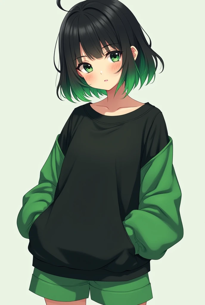 Girl with black hair, green eyes,tall rectangular body figure, mature,casual clothes
