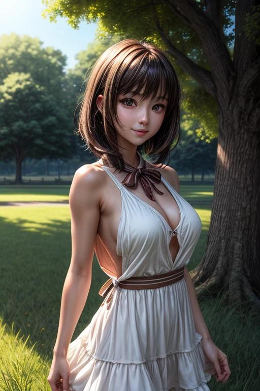 Tia is shown to have a fairly slender figure. She has white-grey hair , she has short hair and large pale green eyes,A girl in the savannah grass wearing a short open shoulder dress is sitting on the ground and playing with lions cleavage exposed, big breasts, superior quality, many details, Puri focus Sharp and realistic