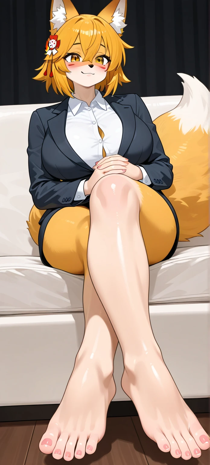 [low angle]，cinematic shadow，Top illustration art，Top image quality，Aesthetic art，(Animation Style)，solo，Upper Body，A woman，light smile，close eyes，(extremely detailed hair)，Wearing a suit jacket with a pantyhose，(sit on sofa，near a detailed snake，holding snake，(snake that long python))，very sexy，Office Background，Depth of Field，[at night]，masterpiece