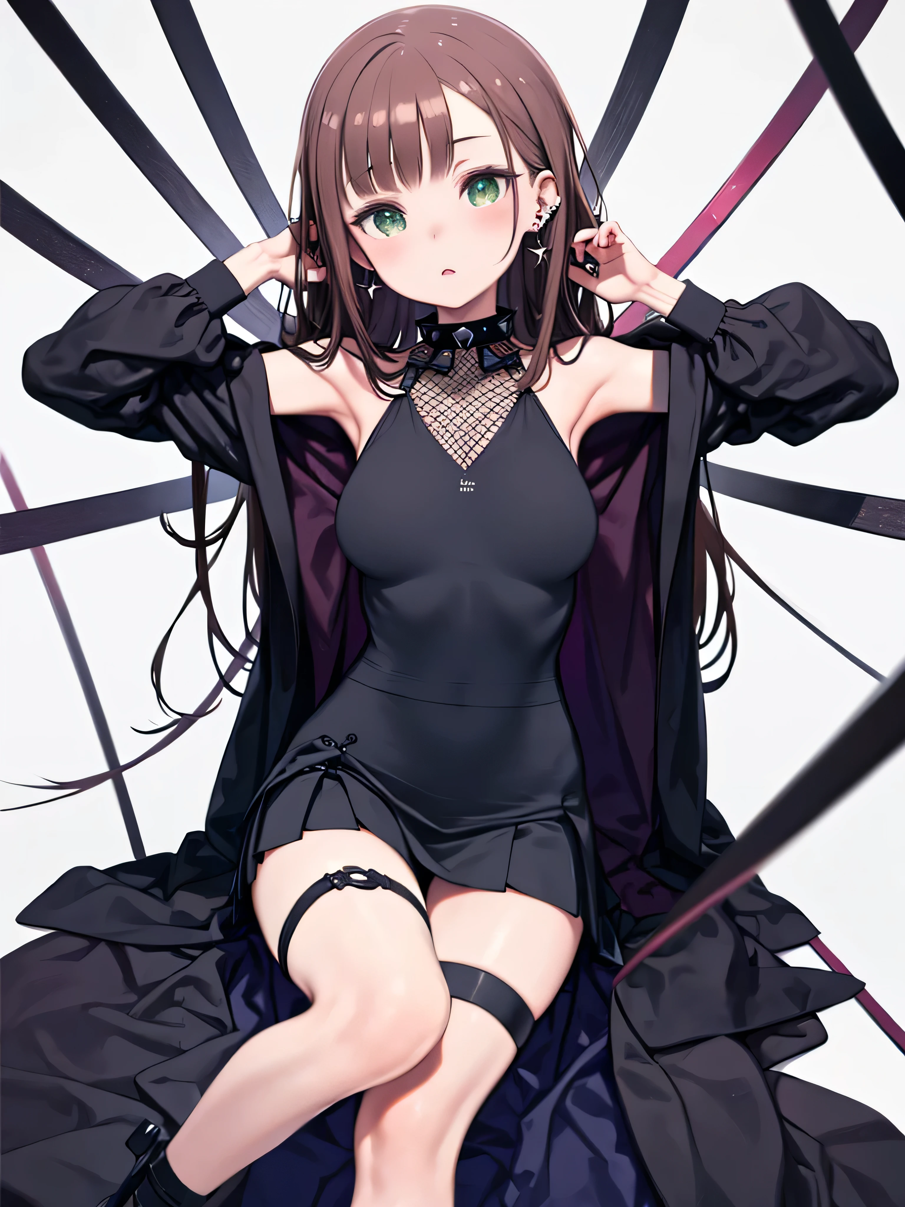 {{masterpiece}}, The best quality of life, 、Dark brown long hair down to the waist、Anime Girls with brown long hair, Cute female anime visuals,(Black Bunny Suit,Black pumps), Anime full body illustration, Anime Moe Art Style, Anime characters, (Anime Girls)、(Green Eyes)、Expressionless adult woman、Small Necklace、((White background))、Fishnet tights、Black pumpsをはいて立っている、C Cup Bust Size