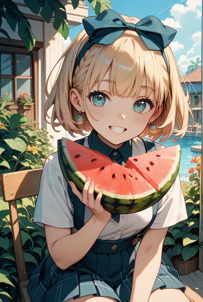 One girl, blonde short hair, wearing a swimsuit and taking Watermelon,smile,(((masterpiece))), (((best quality))), ((ultra-detailed)), (illustration), (detailed light),((an extremely delicate and beautiful)),(beautiful detailed eyes),