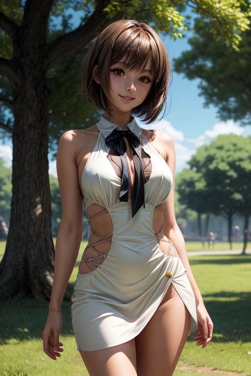 Short hair, outdoors, fair skin, messy hair, open mouth, Japanese woman, So cute, Soft and Face, Brown Hair, 8k解像度, Ultra-realistic, Super Definition, Soft Body Tight Ass Night, Ample breasts ((Highest resolution, 8k, masterpiece: 1.3)), Super Definition Face, Super Definition Lips, Beautiful Eyes, double eyelid, Wearing a camisole dress,