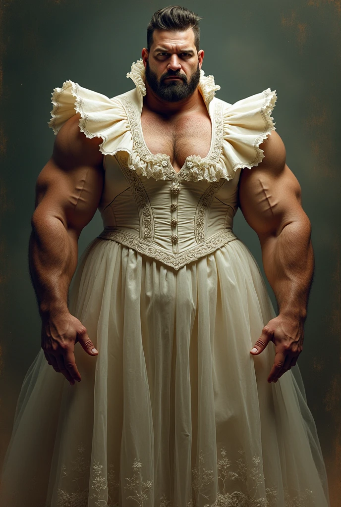 A middle aged man trying to be feminine, half muscular, wearing women's clothes