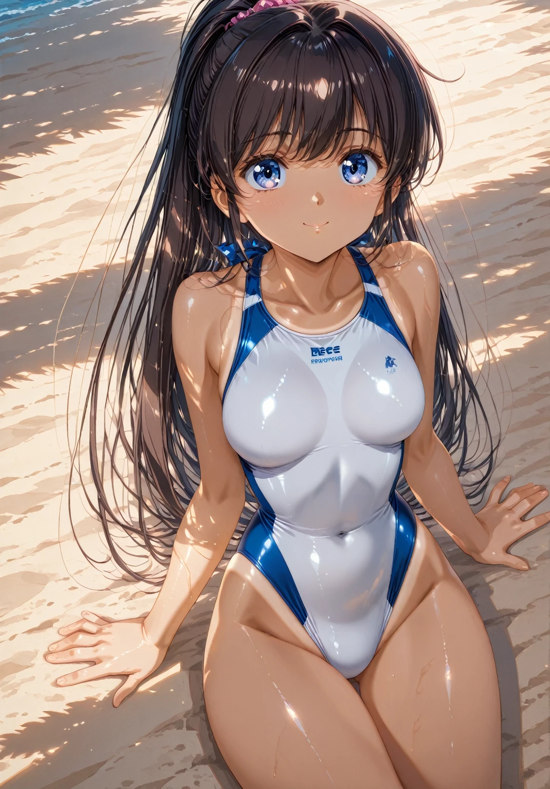 1girl, solo, high quality, red ribbon, hair ribbon, brown hair, looking at viewer, outdoors,night,beach, CERAMIC-LIKE-GLOW,SEE-THROUGH_WHITE_BODYSUIT, breasts, ponytail, dynamic pose, wet, masturbation,spread_legs
