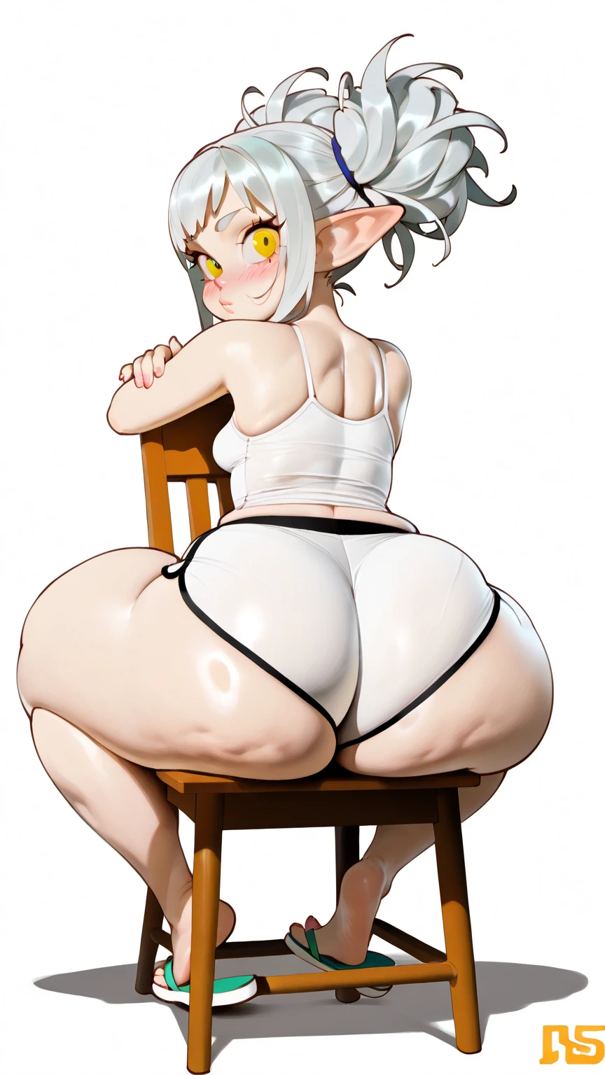 masterpiece、Highest quality、Highest quality, (Long, slender legs, shoes:1.2), (squat, Spread your legs), 1 girl, (smile、Open your mouth大笑い:1.2), Cute eyes, (Detailed face:1.3)、Open your mouth, The whole face turns red, alone, Oversized breasts, Big and ample breasts, (Straight bangs, Black hair bowl cut:1.2), (White maid outfit:1.2)、(Nipples、Ultra-micro bikini that only covers the bust digs into the skin:1.2)、Side bust、Underbust、belly button、Walking through the mansion'corridor、Browsing Caution、shoes下