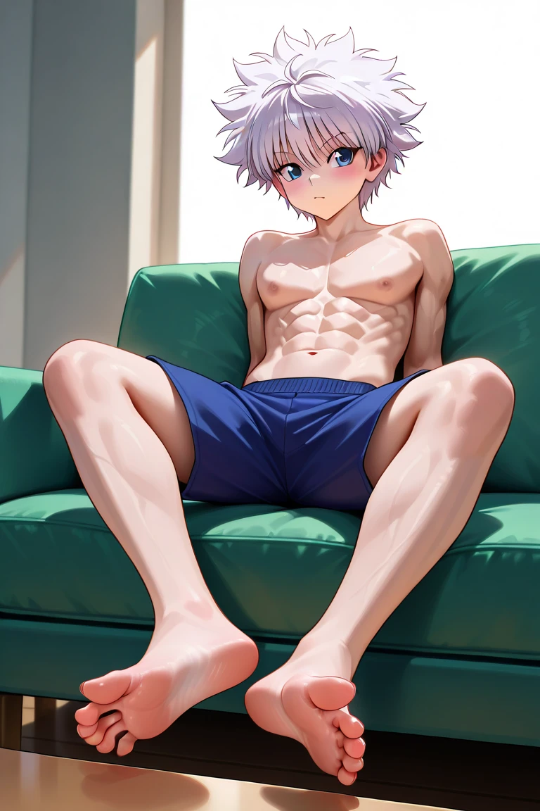White-haired Shota, starry sky , 15 years old, blue eyes, spiky hair, 1 boy, 15 years old, alone, looking at the audience, (masterpiece:1.4), (best quality:1.4), indoors, sitting, short hair, (curls:0.9), (smiley face), Sunlight, shiny skin, white and gray hair, spiky hairstyle, Wearing gym shorts made of shiny material, spread legs, white socks, shirtless,muscle