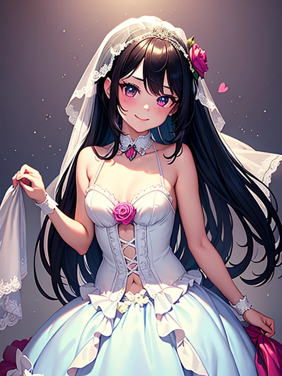 1girl, solo, HQ, bracelet, cat eye, choker, dress, flower, frills, hair flower, hair ornament, heart, jewelry, long hair, nail polish, open mouth, pink eyes, upper body, v-shaped eyebrows, white dress, wrist cuffs,
