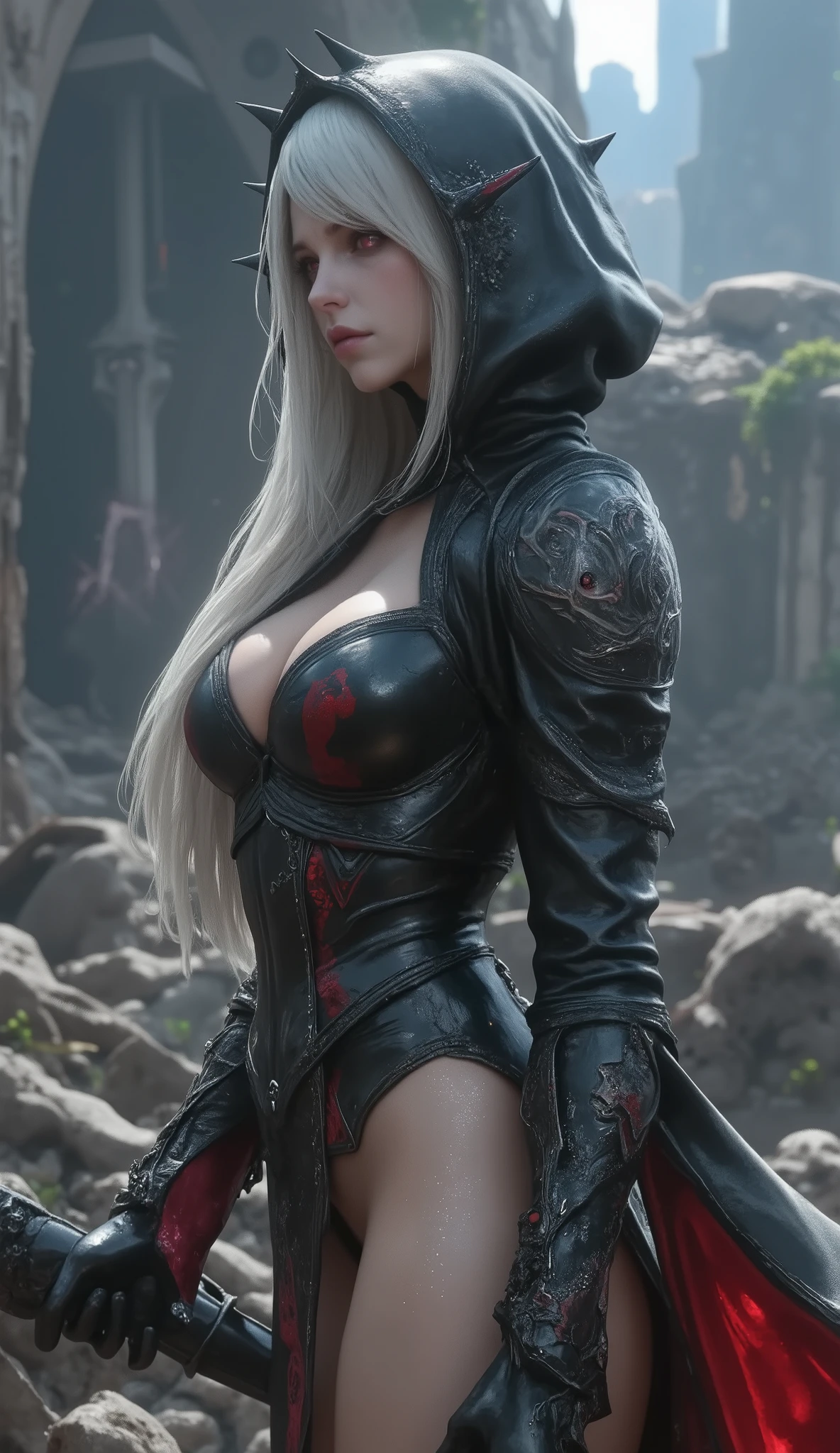 8K,Demon Slayer, the female demon,Super beautiful(like the real thing),Sexy black and red outfit,black tight skirt,devil's horns,red eyes,masterpiece,Photorealistic RAW photos of the highest quality。bright colors,rich colors, Backlight, cinematic lighting, film grain, to be born, 50MM lens, Nikon D850,fantasy art,character art,ultra high resolution,super realistic skin,beautiful expression,Dark mountain range,Devil makeup,blonde mohawk hair,