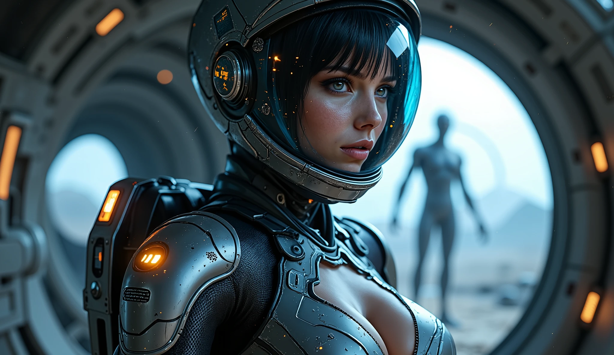 a woman wearing a helmet and sitting on a motorcycle, a detailed matte painting by Syd Mead, cgsociety, retrofuturism, ilya kuvshinov, futuristic, sci-fi
