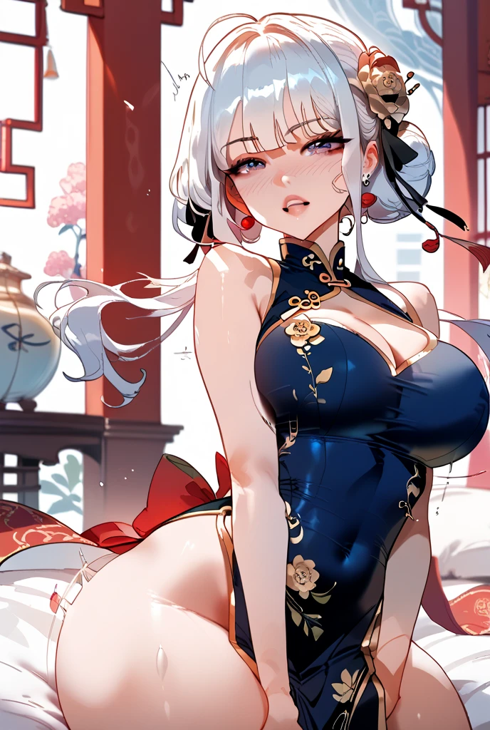 (from side:1.3),side view,masterpiece,best quality,extremely detailed,full body,1girl,Sesshoumaru,sesshoumaru,mature female,detailed beautiful eyes,(scornful eyes),yellow eyes,parted bangs,pointy ears,white hair,very long hair,red facial mark,forehead mark,alternate costume,arm at side,blush,breasts,china dress,chinese clothes,curvy,dress,elbow gloves,bare shoulder,floral print,gloves,(blue and white porcelain gorgeous qipao,blue and white china dress,blue and white chinese clothes,blue and white dress),a china cup,hand up,gigantic breasts,hip vent,holding a china cup,print dress,indoors,(teahouse),holding,red lips,looking at viewer,parted bangs,sleeveless,solo,thick thighs,upturned eyes,5 toes,white thighhighs,wide hips,solo,sitting,leg lift,thick thighs,upturned eyes,white thighhighs,wide hips,