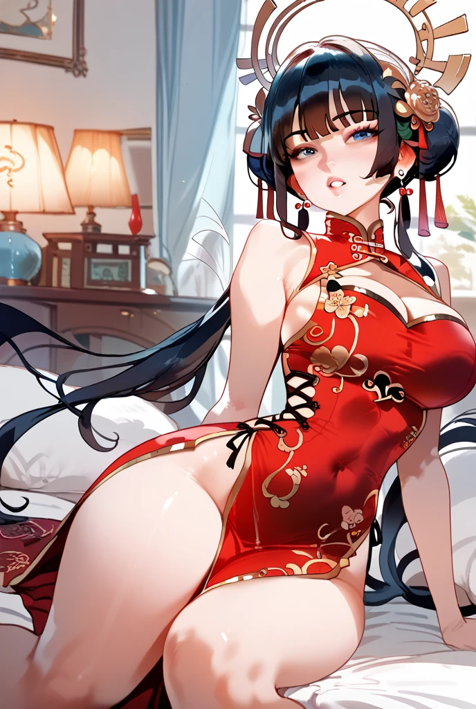 (highest quality:1.4)、High resolution、Detailed Background、(Beautiful face in every detail:1.4)、Detailed and phenomenologically correct、Realistic、Beautiful teenage girl、(Huge breasts:1.3)、Black Hair、Perfect body line、Attractive ass、attractive thick thighs、Sleeveless、Accentuate your breasts、Accentuate your cleavage、Show off your attractive armpits、room、Smiling、A style that combines sexiness and elegance、Elegant atmosphere、Panty Shot、Well-groomed eyebrows、Well-groomed eyebrows balance the entire face、cute、 A shiny, body-hugging Chinese dress、 Designs with slits and revealing chest to emphasize sexiness、 Dark colors such as red and black are effective in bringing out your sexiness.、 To enhance the sexiness of the Chinese dress, it is a good idea to wear high heels.、We especially recommend designs with straps or ribbons.、 Add pearls or metal accessories to create an elegant atmosphere.、 An updo is recommended to accentuate the design of the Chinese dress.、 Add some simple hair pins or accessories to make it even more gorgeous.、 If you have long hair, a sexy wavy hairstyle is also a good choice.、 To enhance the sexiness of a Chinese dress, it is a good idea to wear red lipstick.、 A darker red colour will give you a more sexy look.、cute