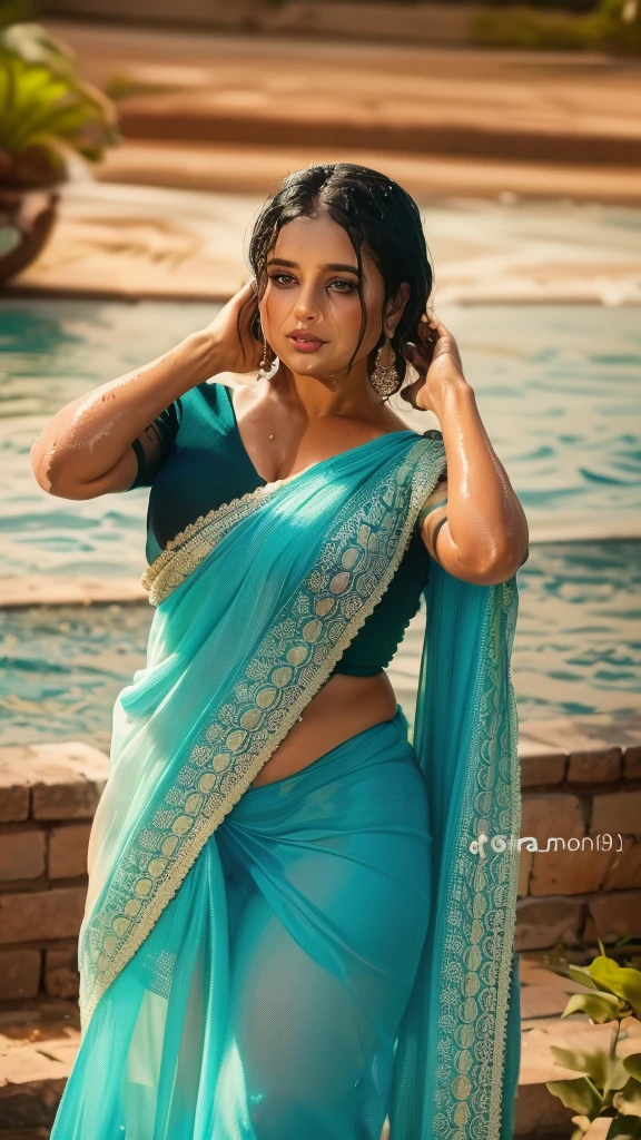 plus size woman sexy curvy plus size model wearing silver velvet color Beauty in Sari : Charm & Nature facing to camera in standing position, wearing galsses, curvy plus size figure, big m-cup bulky breasts ,wearing White Beauty in Sari : Charm & Nature, side bun hairstyle, bright eyes, thin eyebrows, fair skin, blushing cheeks, prefect , head to thigh view, plane background and location, head to thigh view