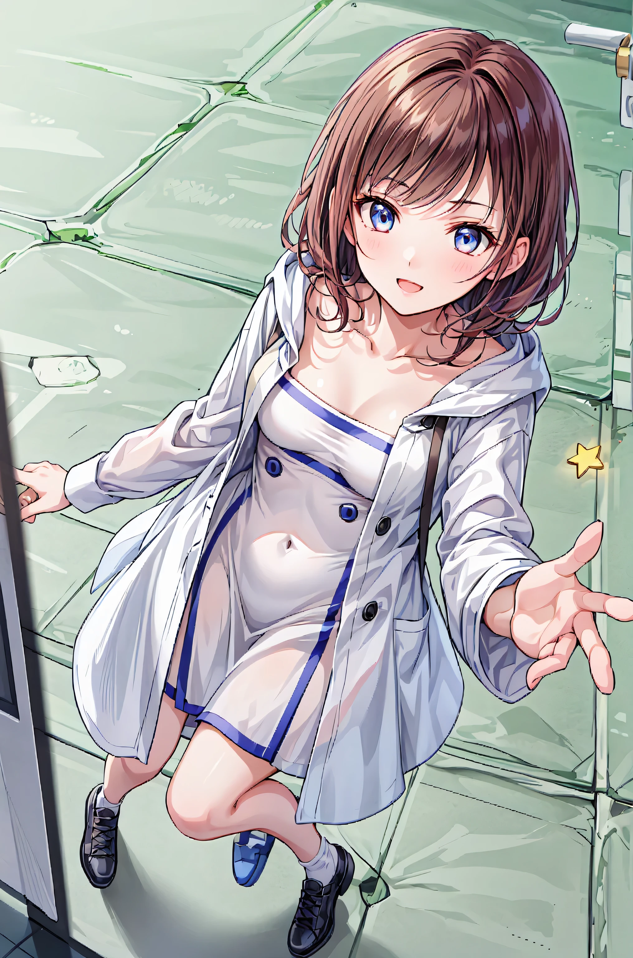 ((Masterpiece)), (Anime:1.3), ((best quality)), (RAW photo:1.2), (High Definition:1.3), (Professional Photography:1.2), (12 years old), cute teenage girl, BREAK, (High Definition), Stick hand on the glass, (Thick glass on laboratory:1.5), Sitting, (Sitting in Glass room:1.3), BREAK, pale brown hair, (collar), messy hair, medium hair, black eyes, laughing, open mouth, blush, put on cat ears, hairs in the air, BREAK, (best quality), (naked body), beautiful nipples, naked small beast, (slender body), Glossy skin,