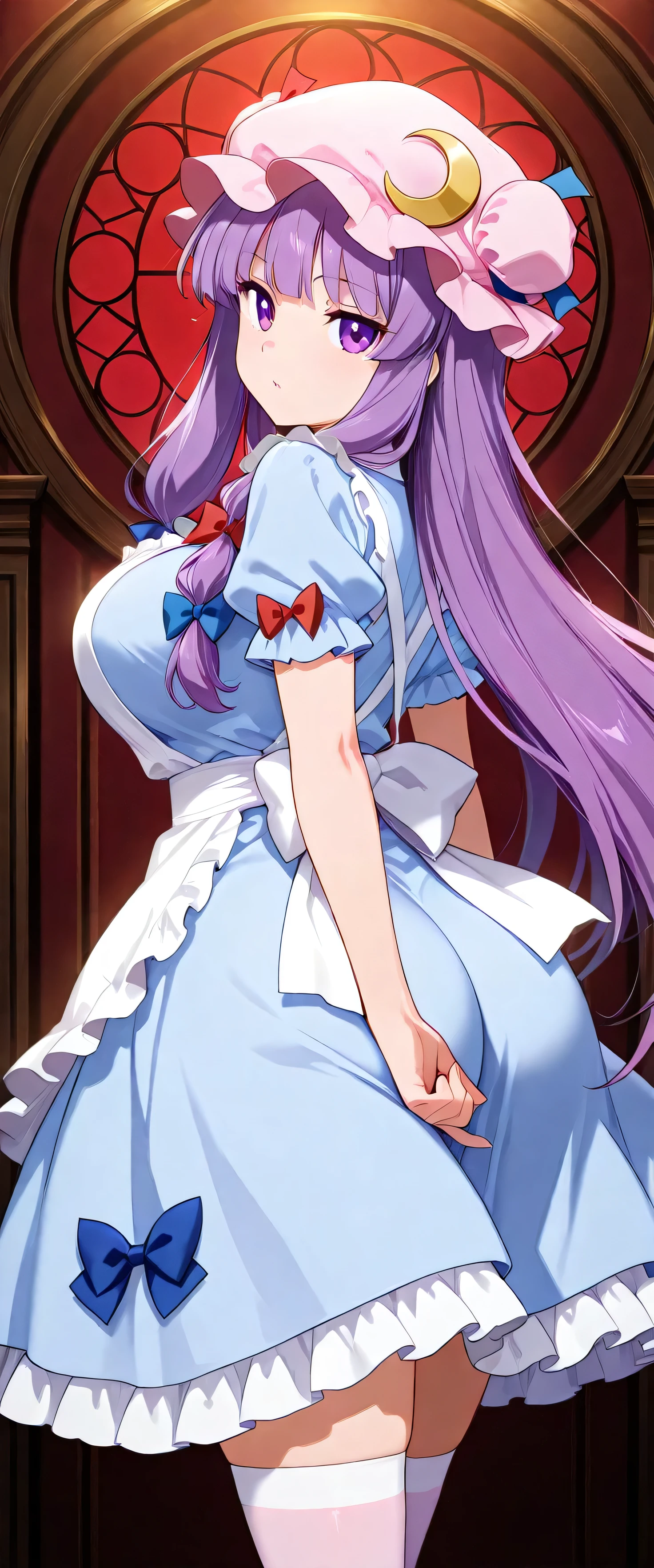 (beautiful girl:1.3),masterpiece,Please redeem,Ultra-high resolution,rich contrast,Very high quality,8k,Highly detailed CG unit wallpaper,Texture,So ridiculous,RAW Photos,Highest quality anime,anime-style illustration,studio anime style,professional photograph,an extremely delicate and beautiful,Depth of written boundary 1.2,ultra-detailed eyes,Glowing Skin,Glitter Effect,Beautiful glossy lips,patchouli knowledge, 1girl, solo, purple eyes, purple hair, long hair, sidelocks,mob cap, pink hat, crescent pin, hair bow, blue bow, red bow,((( round eyes , big eyes))), big breasts,Big Round Ass,alicecos,(A big smile),thighhighs,legwear,hair ribbon, blue dress,short sleeves, frills apron, puffy short sleeves