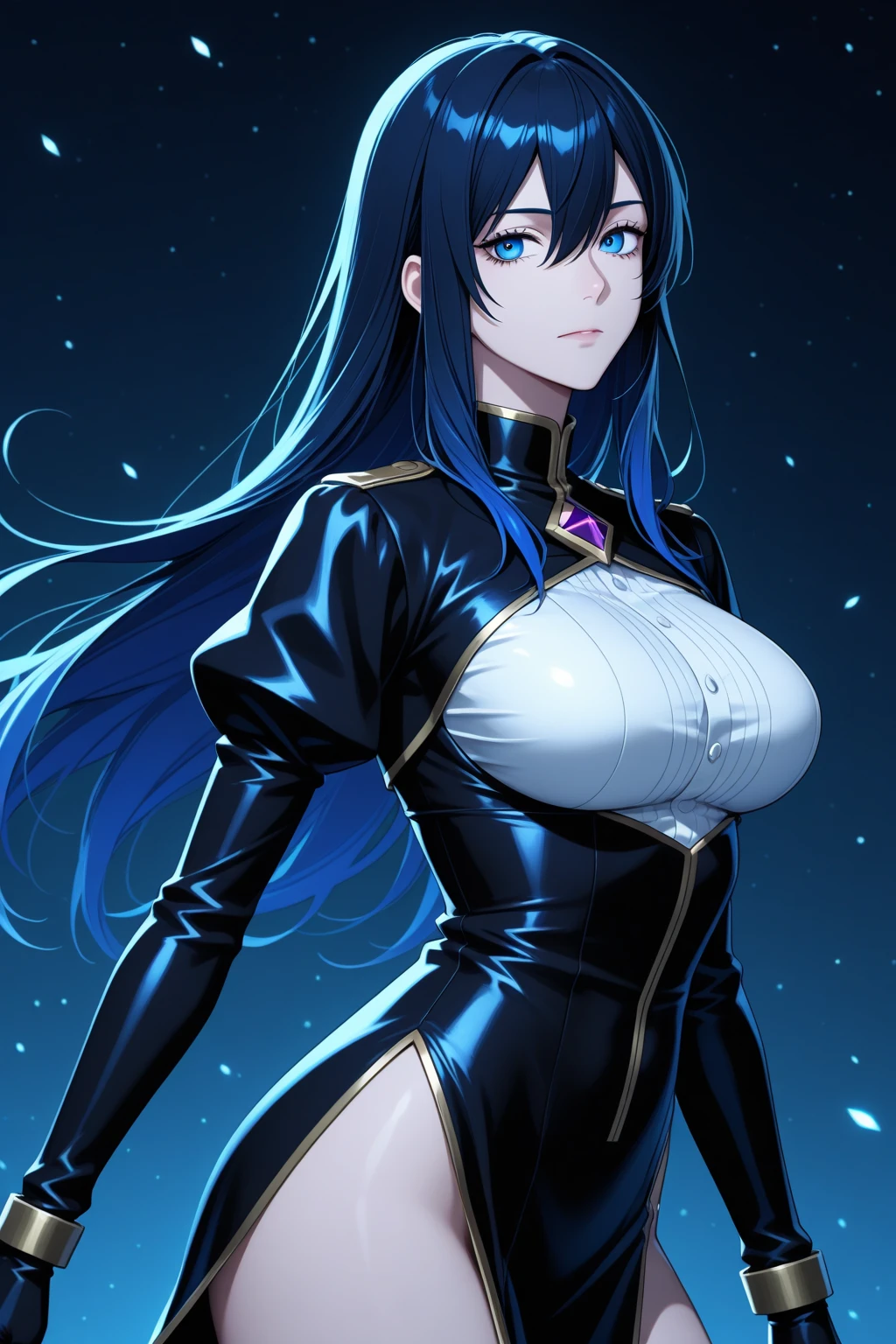 a beautiful long-haired girl with crystal-like hair, large breasts, powerful physique, shiny black hair, goddess-like, surrounded by blue lighting, (best quality,4k,8k,highres,masterpiece:1.2),ultra-detailed,(realistic,photorealistic,photo-realistic:1.37),portrait,fantasy,dramatic lighting,dramatic pose,volumetric lighting,cinematic lighting,chiaroscuro,dramatic atmosphere