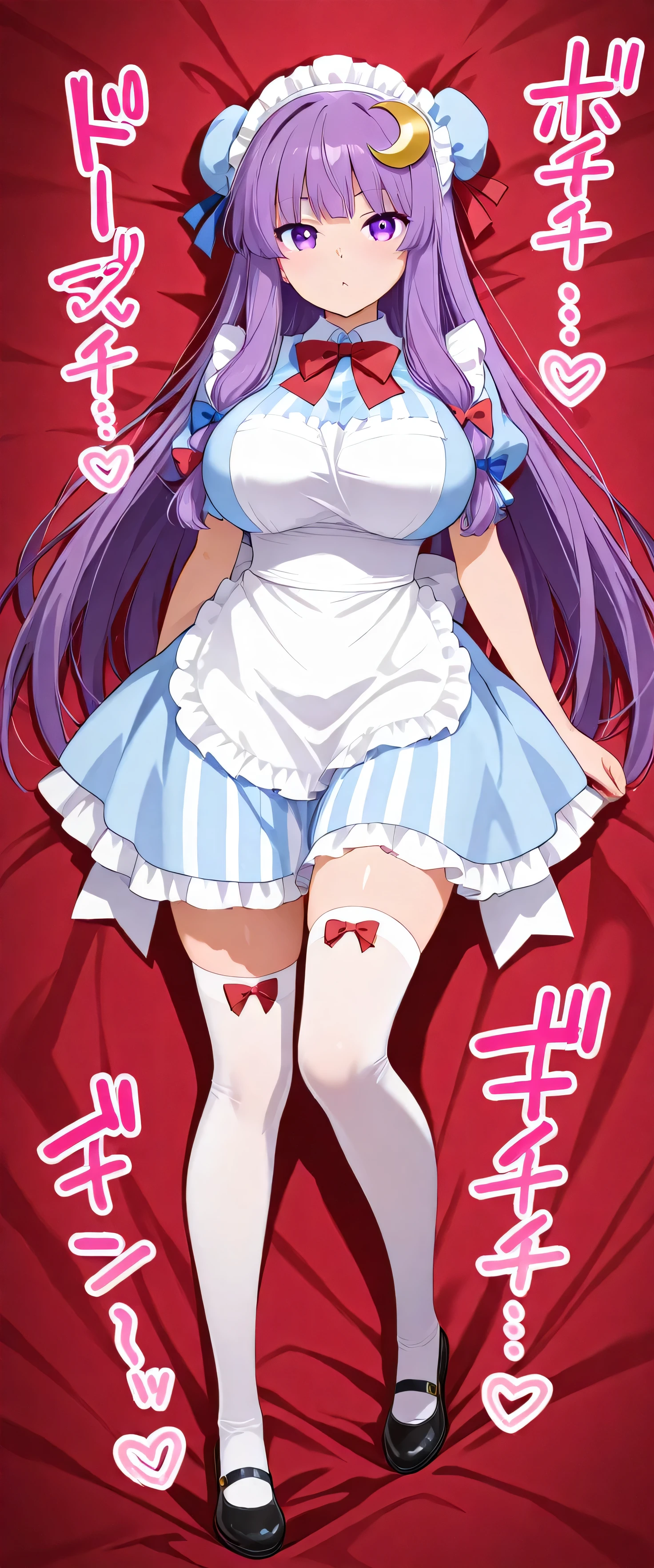 (beautiful girl:1.3),masterpiece,Please redeem,Ultra-high resolution,rich contrast,Very high quality,8k,Highly detailed CG unit wallpaper,Texture,So ridiculous,RAW Photos,Highest quality anime,anime-style illustration,studio anime style,professional photograph,an extremely delicate and beautiful,Depth of written boundary 1.2,ultra-detailed eyes,Glowing Skin,Glitter Effect,Beautiful glossy lips,patchouli knowledge, 1girl, solo, purple eyes, purple hair, long hair, sidelocks,((( round eyes , big eyes))), big breasts,Big Round Ass,alicecos,(A big smile),thighhighs,legwear,hair ribbon, blue dress,short sleeves, frills apron, puffy short sleeves,(obscene sound effects:1.5),