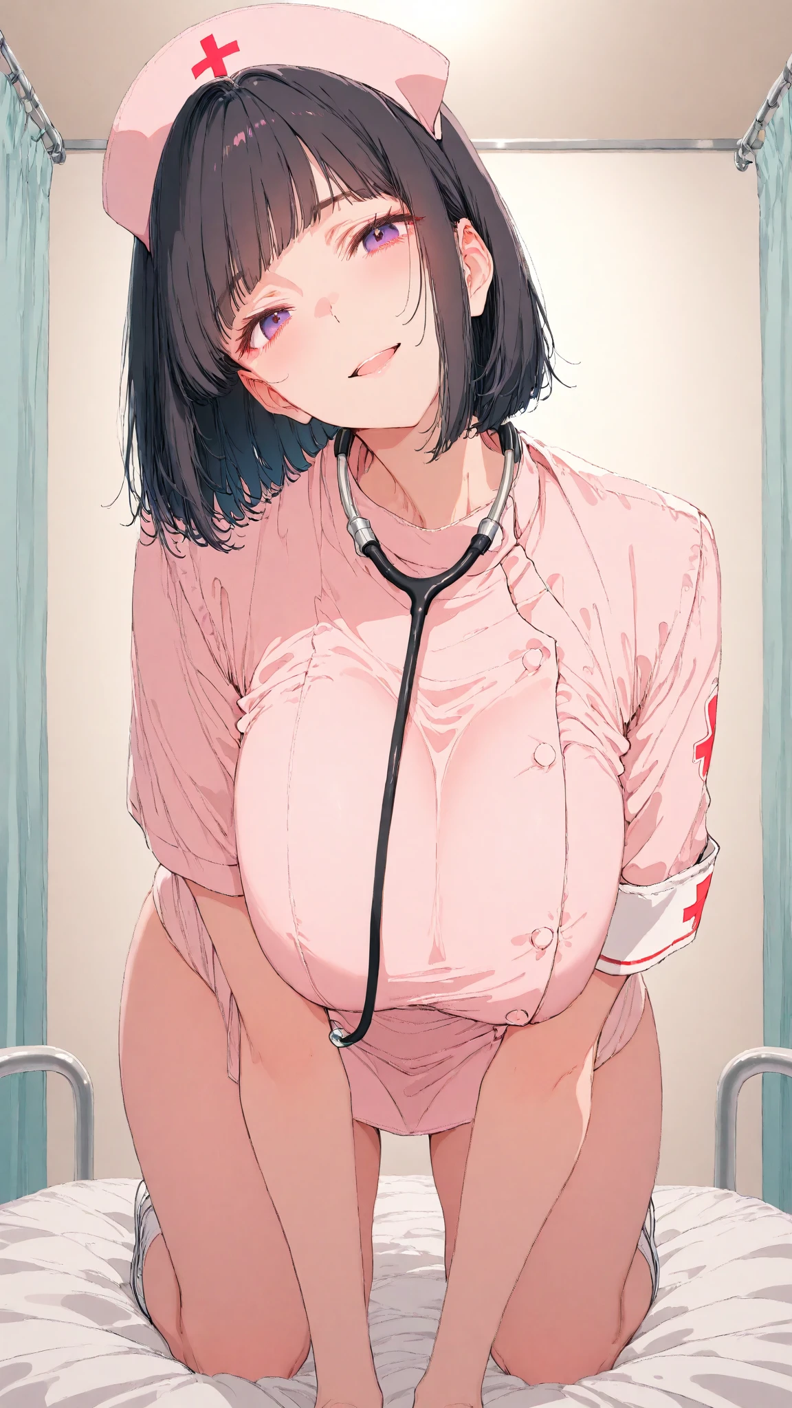 highest quality, High resolution, A woman wearing glasses, focus only, small breasts, it is in it, black panties, blush, embarrassing,Reluctant, troubled, naked, hands on knees, nipples, short hair, sitting on a stool, black hair, examination room (Doctors around, no bra, groping someone else's breasts)