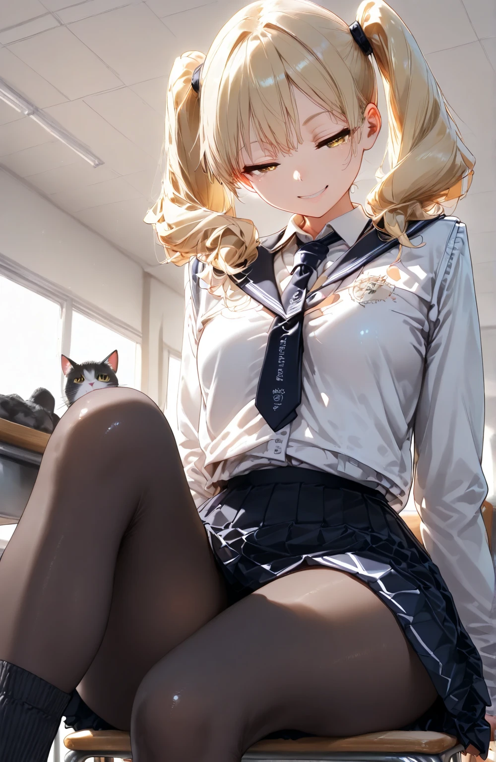 1girl, solo, long hair, breasts, looking at viewer, blush, smile, bangs, skirt, blonde hair, large breasts, shirt, thighhighs, long sleeves, bow, ribbon, holding, closed mouth, , purple eyes, hair ribbon, white shirt, ass, hair bow, sidelocks, thighs, pleated skirt, glasses, collared shirt, looking back, black thighhighs, indoors, miniskirt, from behind, side ponytail, zettai ryouiki, pillow, plaid, window, kneeling, black ribbon, bed, on bed, plaid skirt, no shoes, plant, potted plant, television,anim
