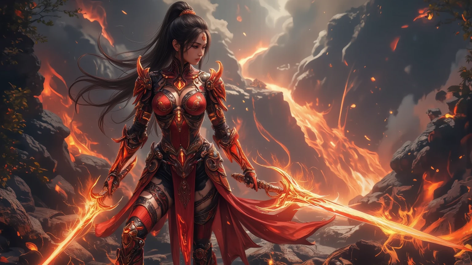 ((highest quality)),(Ultra-high resolution),(Super detailed new),(Detailed Description),((The best CG)),(A masterpiece),Ultra-detailed art,A wonderful new art form,(Art with precise detail:1.5), Fighting female hero, Light and Darkness, Endless battles, red,  Brilliant Lightning,