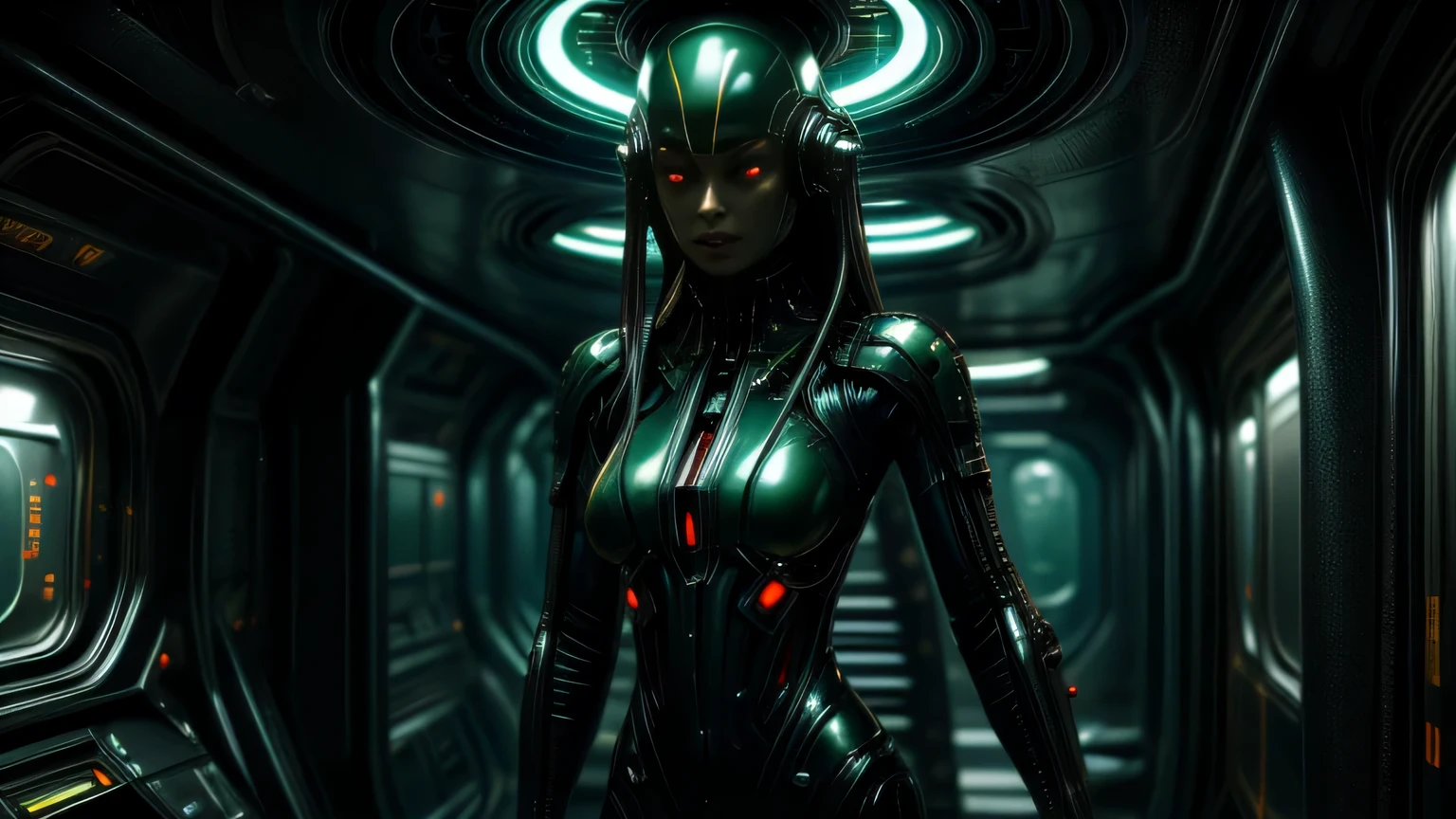 Cyberpunk art of one,Abonnieren,Cyberpunk-Stil,A female astronaut in a sleek futuristic space suit fires a high-tech energy weapon at an alien creature that has infiltrated the spaceship. The monstrous being is hit — bright green alien blood splashes from the wound, glowing against the dim, metallic corridors. Emergency red lights flash across the futuristic spaceship interior. The astronaut is fierce and focused, surrounded by sparks and shadows, as tension fills the sci-fi horror atmosphere. Hyper-detailed, cinematic lighting, ultra-quality, photorealistic, dark sci-fi concept art.