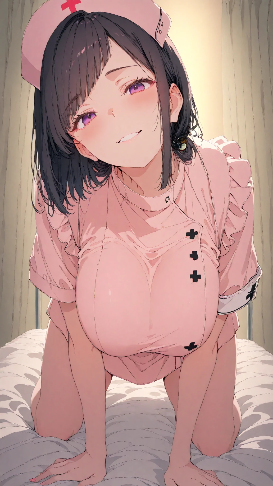 Beautiful woman with black hair, black eye, False eyelashes, Pink Lips, Big and ample breasts,(((Nurse uniform with cleavage)))、Hospital room, nurse,((Half naked)),(((Half nakedのnurseは夜のHospital roomで男性患者を誘惑します)))