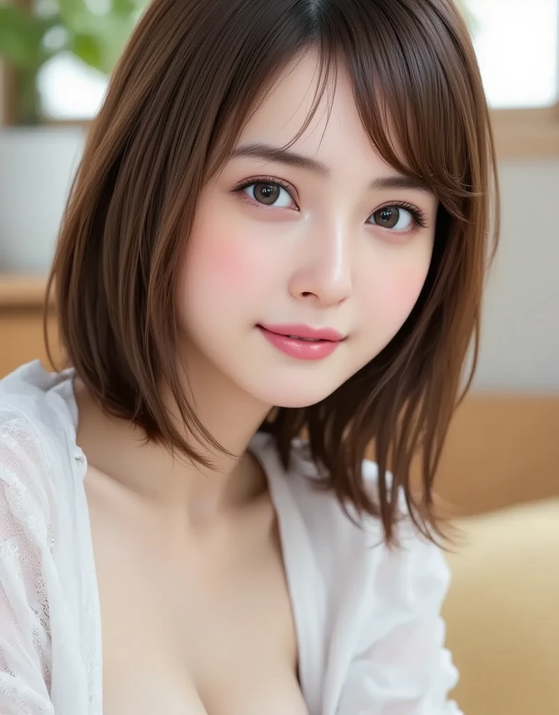 (A very cute 20 year old young woman from Japan), ((delicate hair between brown and blonde)), ((messy side wave short hair)),(((Slender and slender body type))),medium bust size、small breasts、 (((clean hands))),(curly hair),(((very kind smile))), (((she wears black lace panties))),(((she is wearing a black knitted dress))) ((top quality, 16k, table top: 1.3)), light shines on your face, highly detailed face, highly detailed lips, fine eyes,