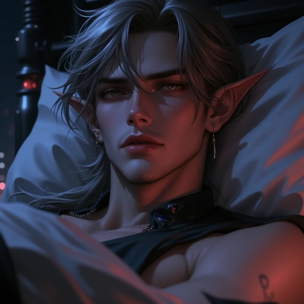 (masterpiece:1.2),(best quality:1.2),hyper realistic,highestres,absurdres,extremely detailed,volumetic,dramatic lighting,20-year-old boy,face,detailed eyes,moist masterpiece,best quality,pretty men body,boy,on bed,huge breasts,pointy ears,red eyes,collar,looking back,nude,top-down bottom-up,on stomach,thigh highs,elf,<lora:NublyeON:1>,