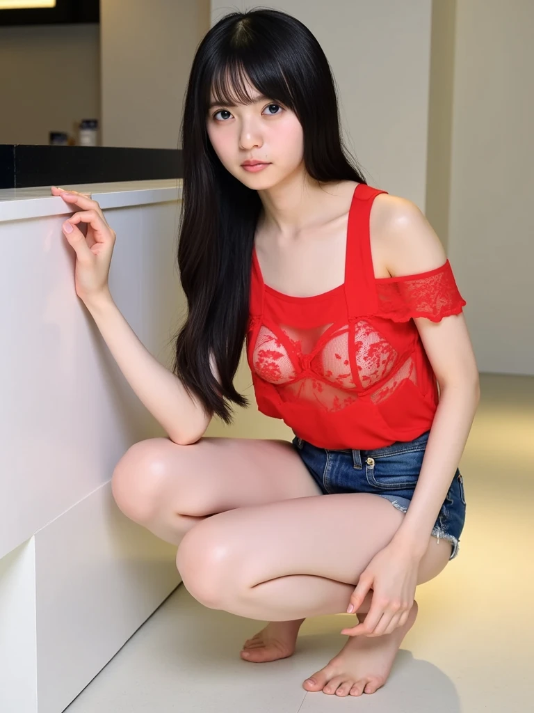 best quality, detailed, beautiful, insanely detailed, absurdres,perfect anatomy,
Japanese woman,black hair,27 years old,
(slender),
(small breasts best quality),from above, bending over, (nsfw,revealing t-shirt:1.3),(nipples peek:1.1), red shorts, collarbones, closeup shot, front view, from above
