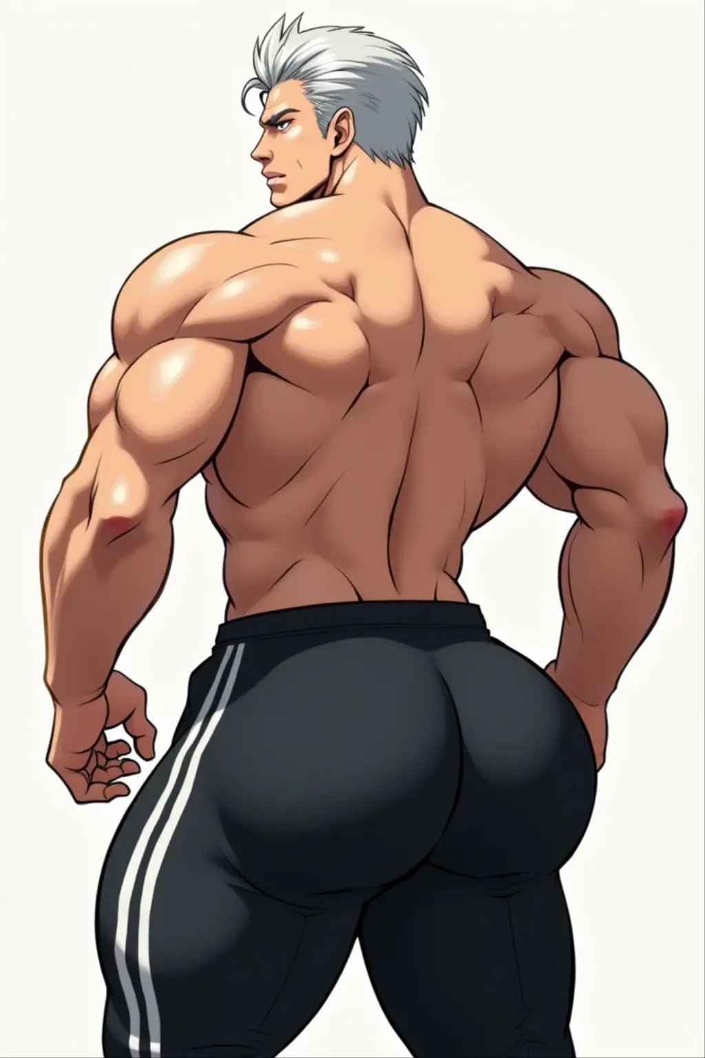A black man with thick and strong legs wearing a white thong underwear that shows all his big and round ass he is standing sideways 