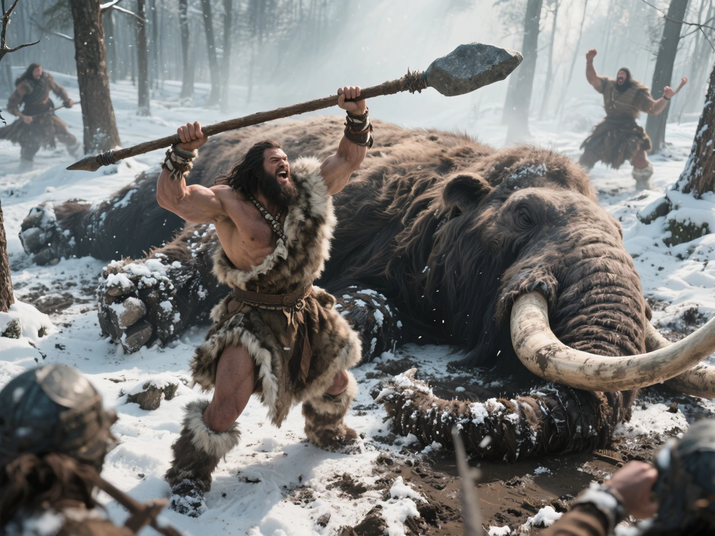Hercules capturing the Erymanthian Boar, wearing lion skin, Ancient Greece, snowy mountaintop, dragging the enormous boar through the snow, breath visible in the cold air, wide shot, hyper-realistic, photo realism, cinematography --ar 1:1