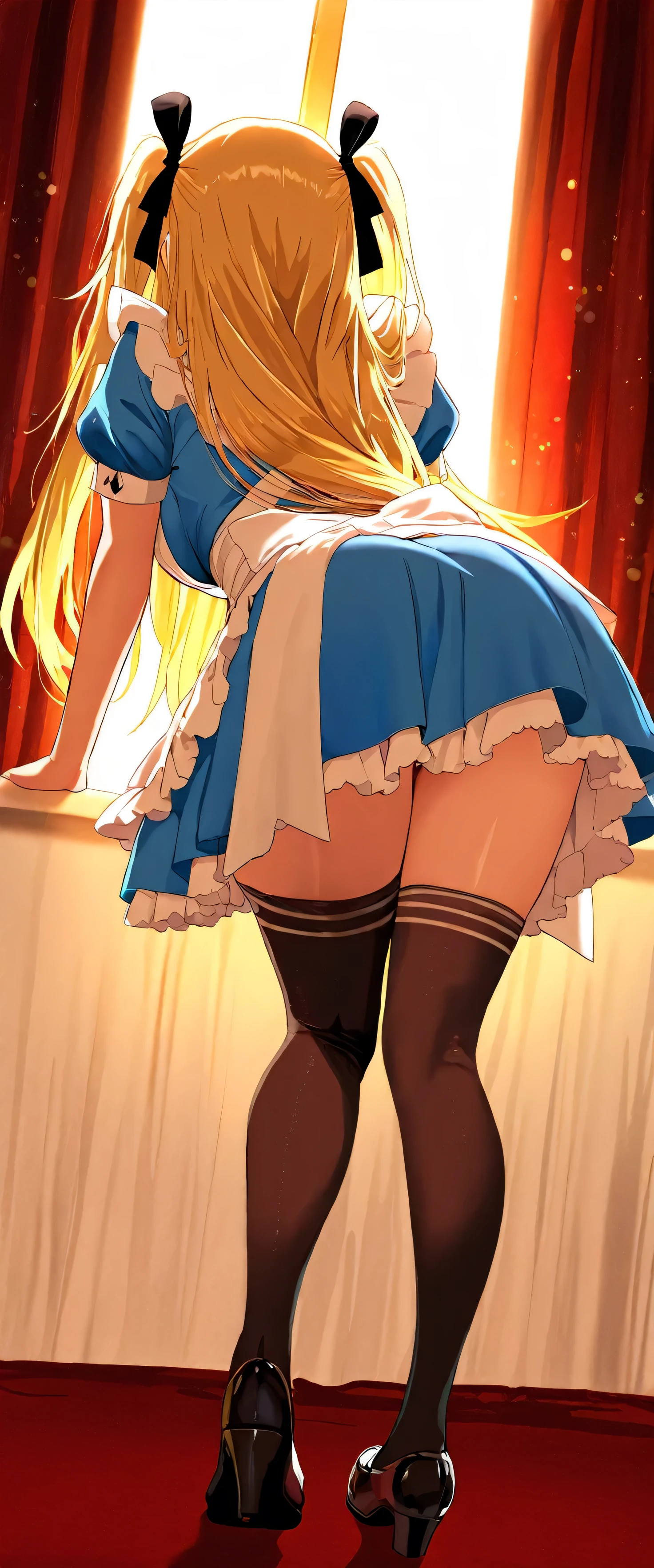 (beautiful girl:1.3),masterpiece,Please redeem,Ultra-high resolution,rich contrast,Very high quality,8k,Highly detailed CG unit wallpaper,Texture,So ridiculous,RAW Photos,Highest quality anime,anime-style illustration,studio anime style,professional photograph,an extremely delicate and beautiful,Depth of written boundary 1.2,smile,long hair,gold hair,alicecos,thighhighs,legwear,hair ribbon, blue dress,short sleeves, frills apron, puffy short sleeves,Alice in Wonderland Stage,(from behind:1.5),Warm Lighting,(Circular Bokeh),(backlighting:1.7)