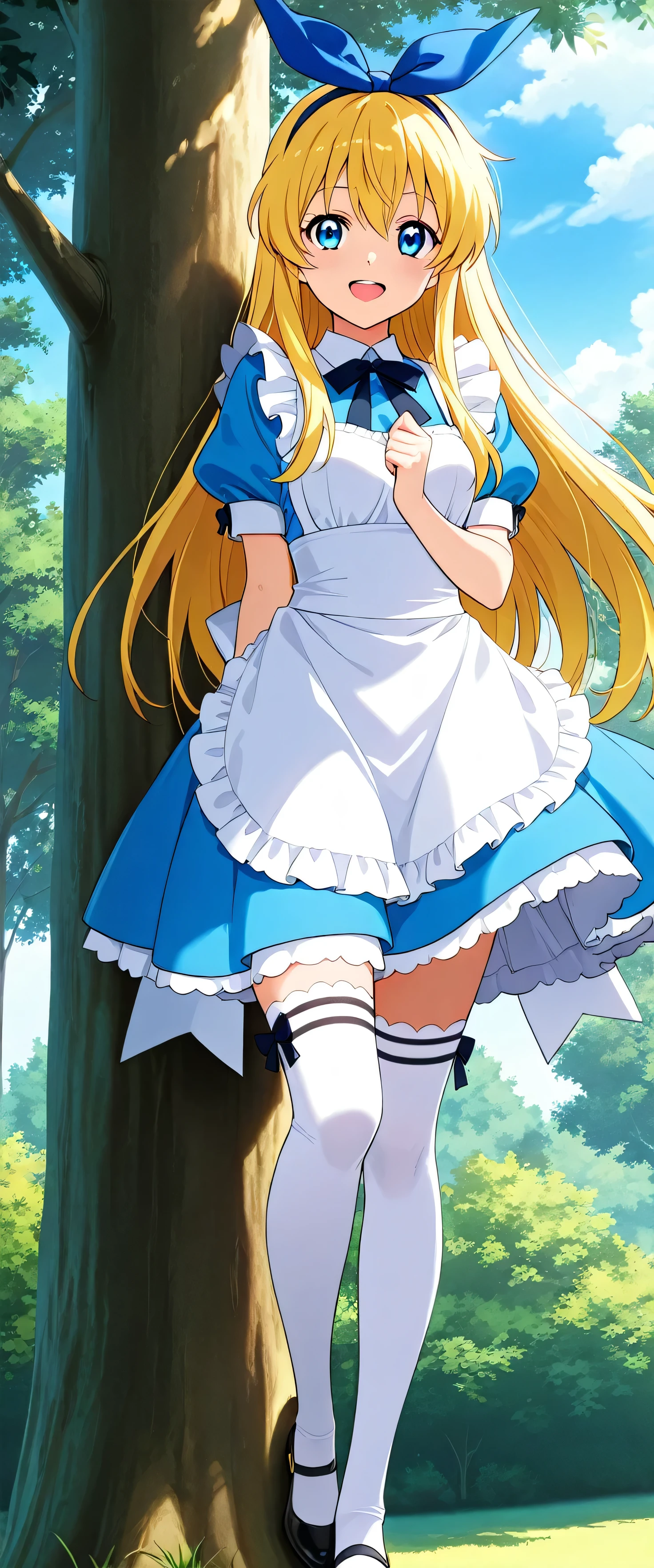 (beautiful girl:1.3),masterpiece,Please redeem,Ultra-high resolution,rich contrast,Very high quality,8k,Highly detailed CG unit wallpaper,Texture,So ridiculous,RAW Photos,studio anime style,professional photograph,an extremely delicate and beautiful,Depth of written boundary 1.2,smile,long hair,gold hair,alicecos,thighhighs,legwear,hair ribbon, blue dress,short sleeves, frills apron, puffy short sleeves,Alice in Wonderland Stage,Excited about climbing a tree,(petite)