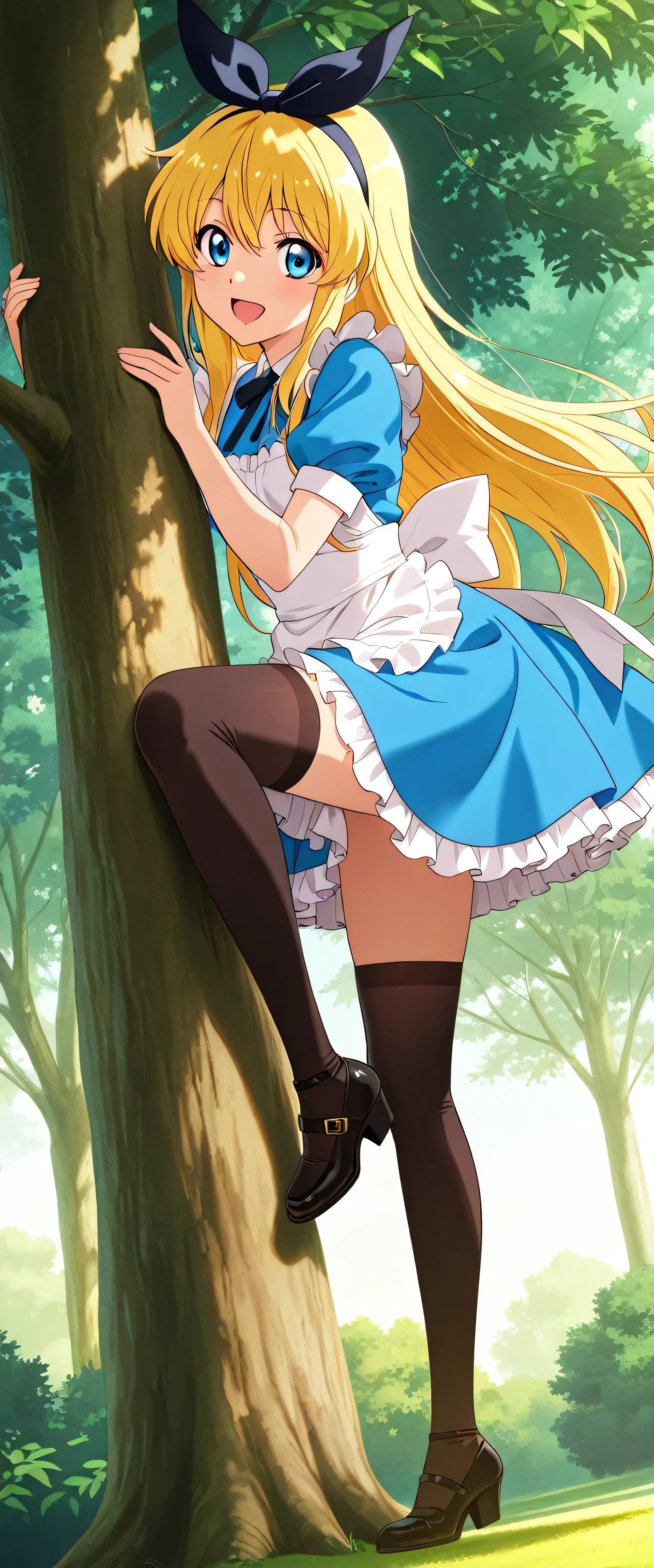 (beautiful girl:1.3),masterpiece,Please redeem,Ultra-high resolution,rich contrast,Very high quality,8k,Highly detailed CG unit wallpaper,Texture,So ridiculous,RAW Photos,studio anime style,professional photograph,an extremely delicate and beautiful,Depth of written boundary 1.2,smile,long hair,gold hair,alicecos,thighhighs,legwear,hair ribbon, blue dress,short sleeves, frills apron, puffy short sleeves,Alice in Wonderland Stage,Excited about climbing a tree,(petite)