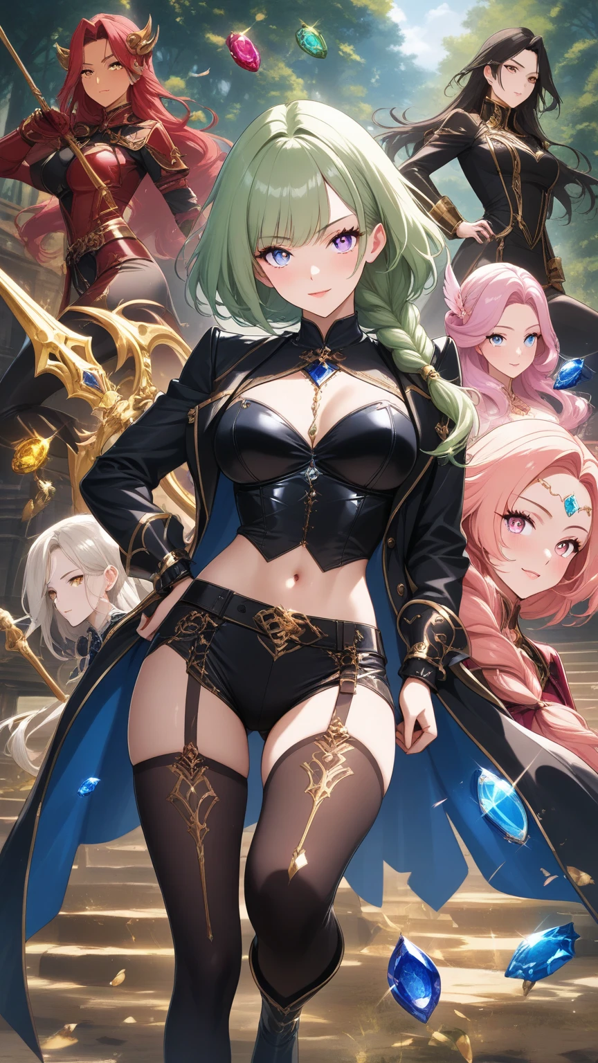 (Best Quality, 2k, Masterpiece, QHD: 1.3, A Handsome short haired african barbarian man is surrounded by three women up against him touching him and gaze at him, at a mansion, wearing Tracksuits that show off body, perfect bodies, women: long flowing hair, flowers in hair, seductive, materials, golden hour, , jewelry, golden hour, photorealistic, masterpiece, in love, small grin, perfect faces, Flirtatious-groping
