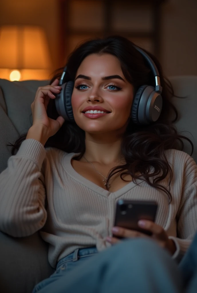 (Masterpiece), (best quality), 1 woman, sitting on the sofa, Listen to music, Close your eyes, smile, earphones, in front of the window, city, nighttime, warm and comfortable, relax