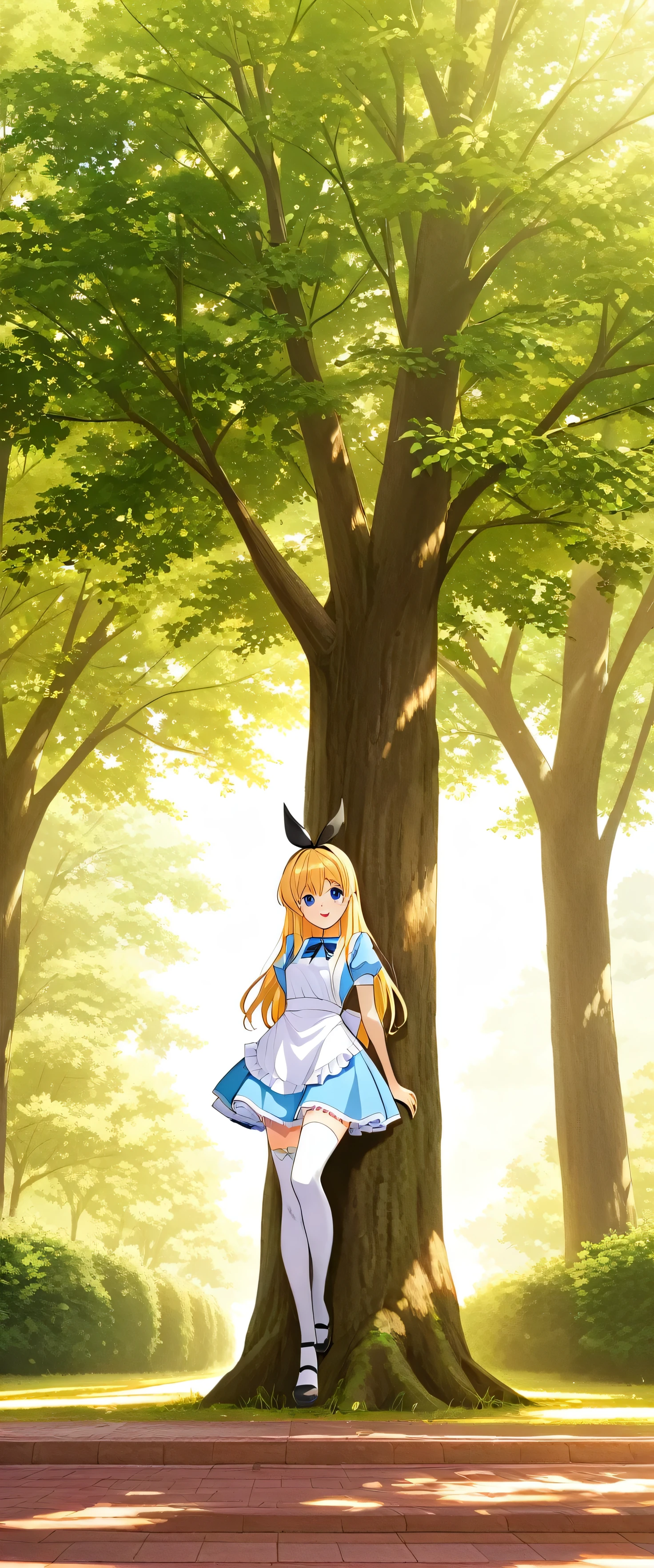 (beautiful girl:1.3),masterpiece,Please redeem,Ultra-high resolution,rich contrast,Very high quality,8k,Highly detailed CG unit wallpaper,Texture,So ridiculous,RAW Photos,studio anime style,professional photograph,an extremely delicate and beautiful,Depth of written boundary 1.2,smile,long hair,gold hair,alicecos,thighhighs,legwear,hair ribbon, blue dress,short sleeves, frills apron, puffy short sleeves,Alice in Wonderland Stage,Excited about climbing a tree,(petite)