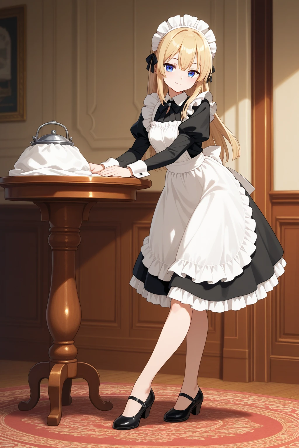  1girl , Alone, masterpiece, best quality, (anime art style:1.0), [SDxl] "Hair over eyes" helper / Blindfold aid, blonde hair, straight hair, side ponytail, earrings, pouting, blue eyes, freckles, short hair, (maid), maid headdress, white frilly gloves, holding a broom in her hand, expensive looking furniture, indoors, mansion indoors/landscape, Cute Maid Dress (xl), wrist cuffs, white leggings, black Mary jane shoes, cute girl, hair over eye, fair skin
