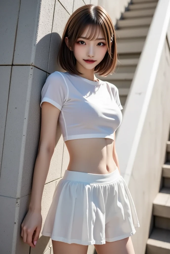 (8k,Ultra-high resolution,Highest quality,masterpiece,Realistic,Ultra-high resolution,High-quality RAW color photos,Professional photos,Realistic,Realistic),Natural skin texture,Fine skin,Hyperrealism,Intricate details,Adult women,Eye highlights.Lip gloss,Shiny skin,Glossy Lips,((Cute smile),Short Hair,Black Hair),((((White high waist shorts)),BLACK HOODIE),Stiletto heels,Cute smile,face focus),Streets of skyscrapers,See-through nipples