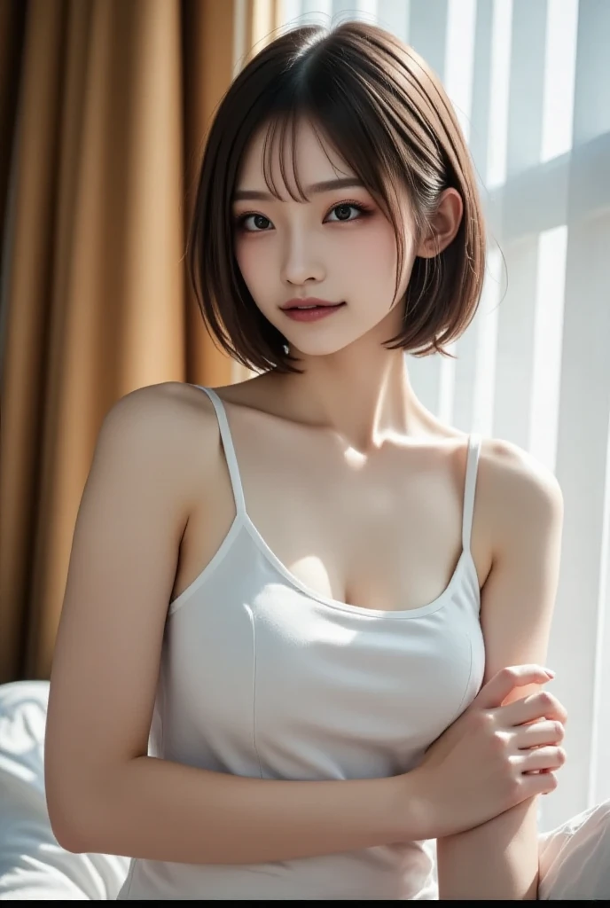 ((top quality, 8k, masterpiece: 1.3, raw photo)), Sharp Focus: 1.2, (1 aespa girl: 1.2), (Realistic, Photorealistic: 1.37), (face focus: 1.1), cute face, small breasts, flat chest, short messy hair, (white shirt: 1.1), panties, sitting by the office room, spread legs, sunlight, movie lighting