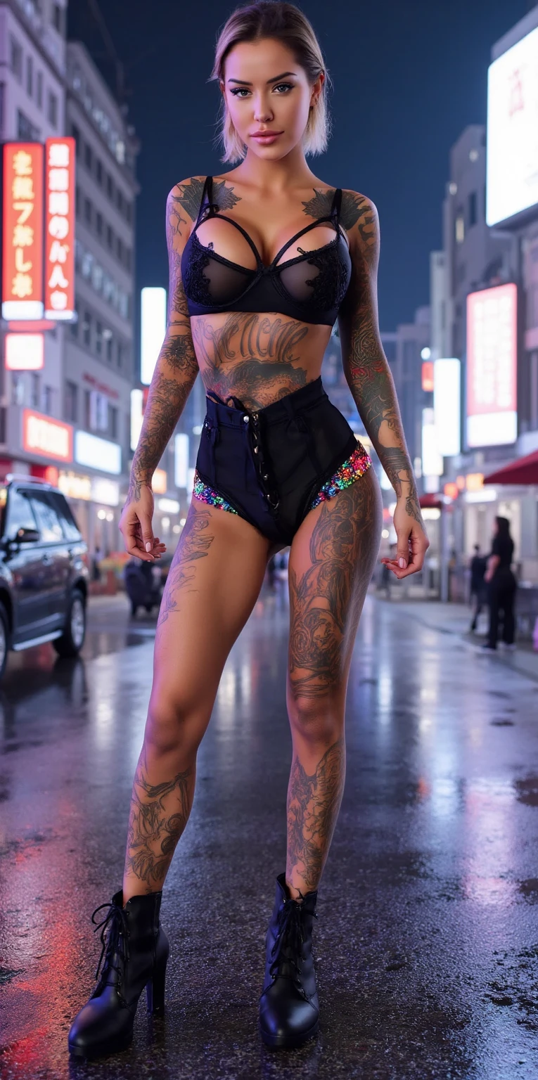 1girl, Sandy blonde hair with undercut style, hands behind head, 1 leg forward, contrapposto stance, scantily clad, strappy_high_heels, heavily tattooed, color tattooed, (wide angle:1.37), modeling on an NYC street
