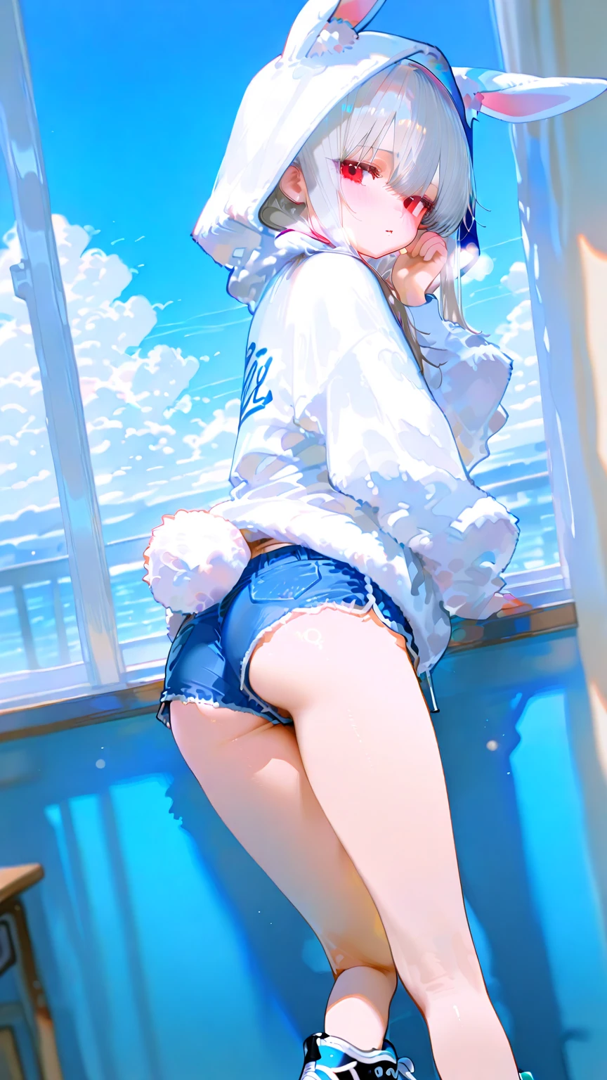 hightquality,8K picture quality,hight resolution,(masutepiece:1.3), 23-year-old woman, (white leotard,a choker),(short-hair:1.2,Wet light blue hair:1.3),(Bending over, Her butt facing the camera,She looks back,dynamicposes:1.4),(Soak in a warm hot spring,steamsと静けさに囲まれて,feels good,Enjoy a relaxing hot spring that will make you sweat.:1.3),outdoor bath,steam,Background with(1 Snow scene,snow mountains:1.2, sunrises:1.3),(wet clothes stuck to my skin,Nipples visible through clothing,buttocks visible through clothes.),small tits,A slender, abdominals:1.2,(Young skinny gravure idol, sophisticated gravure idol),(detailed flawless face),normal hands,Normal finger,Normal legs,(Cameltoe, camel's toe,Mansuji)