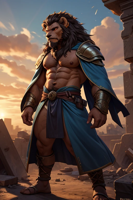 A realistic image of the Beast from the movie Beauty and the Beast, super muscular giant, with muscular arms, blue eyes, a tail, super furry with brown fur, horns facing backwards, wearing a yellow and blue X-Men uniform, with veins bulging, barefoot, in the garden of his castle, seen from the front showing his strength, lifting two extremely large and heavy alters