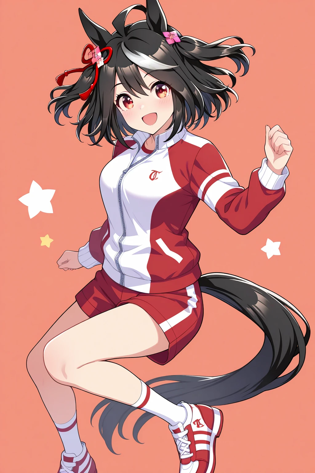 masterpiece, best quality, highres, smile, patterned background, looking at viewer, (large breasts:0.7),
bbkitasan, animal ears, short hair, streaked hair, hair ornament, horse tail, tracen training uniform, red jacket, track jacket, long sleeves, red pants, <lora:kitasan_black_v1:0.7>, (open mouth:0.6), dutch angle,