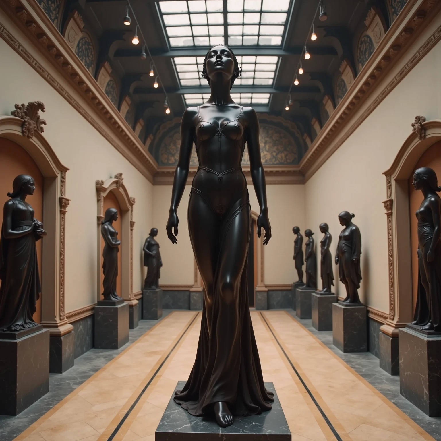 Two metal statues of naked barefoot maidens