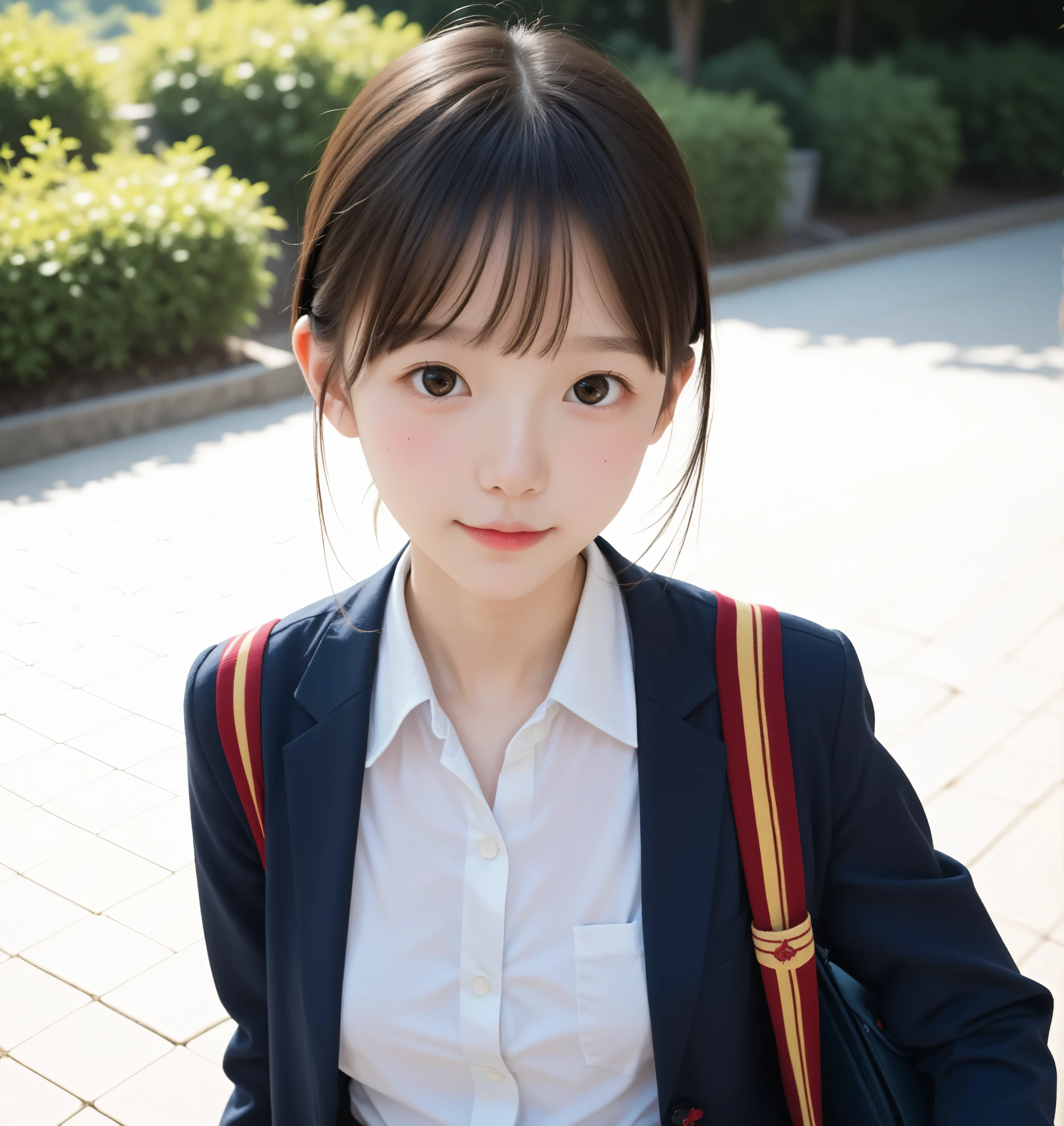 score_9, score_8_ up, score_7_ up,cute girl,sunlight,school uniform,Slender,thin body,thin,Slender,younger, younger可愛いと彼女の父親,( white skin:1.0), unbutton the blouse ,shot from above, body :1.1, Side-Facing, D cup breasts