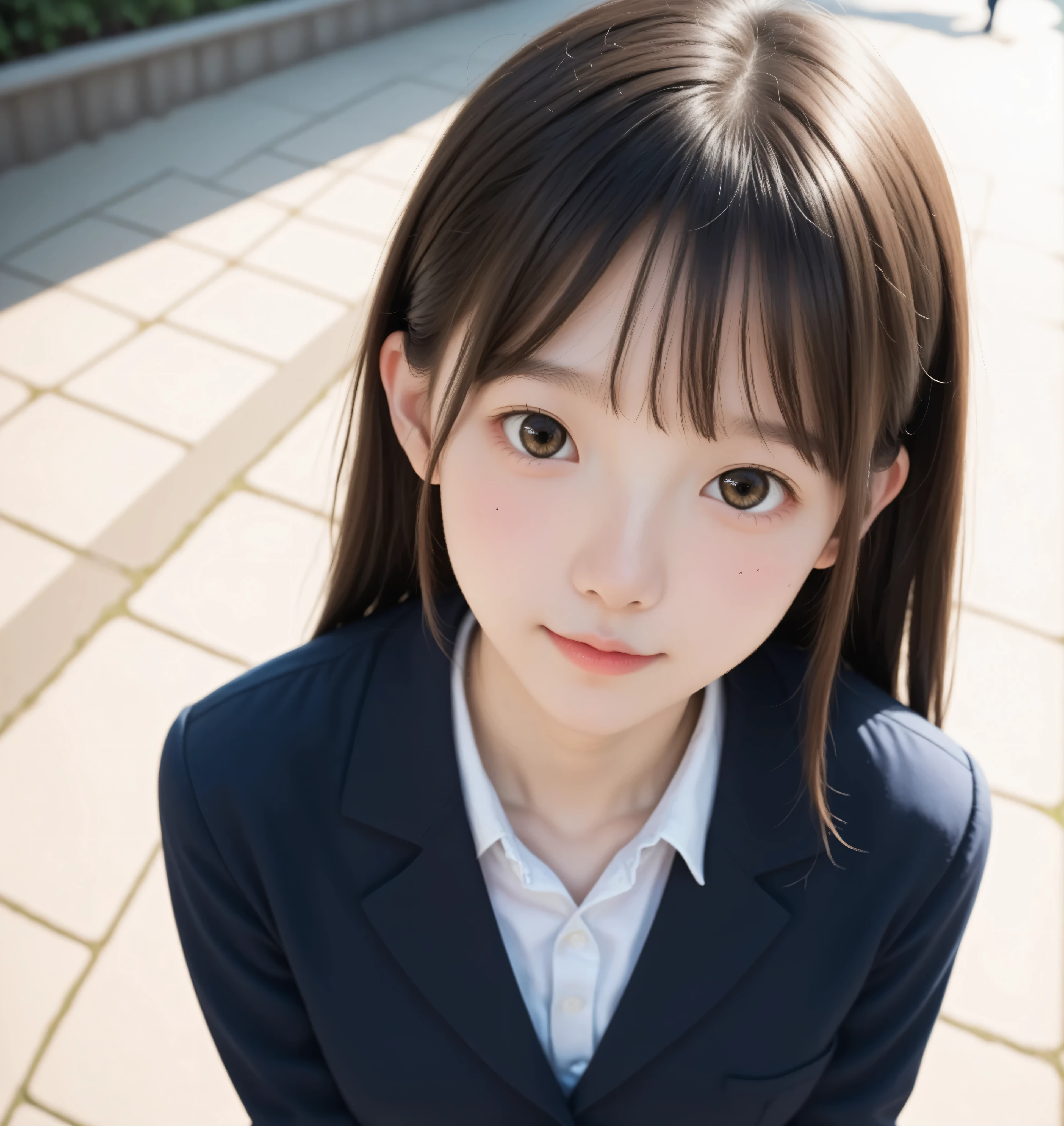 score_9, score_8_ up, score_7_ up,cute girl,sunlight,school uniform,Slender,thin body,thin,Slender,younger, younger可愛いと彼女の父親,( white skin:1.0), unbutton the blouse ,shot from above, body :1.1, Side-Facing, D cup breasts