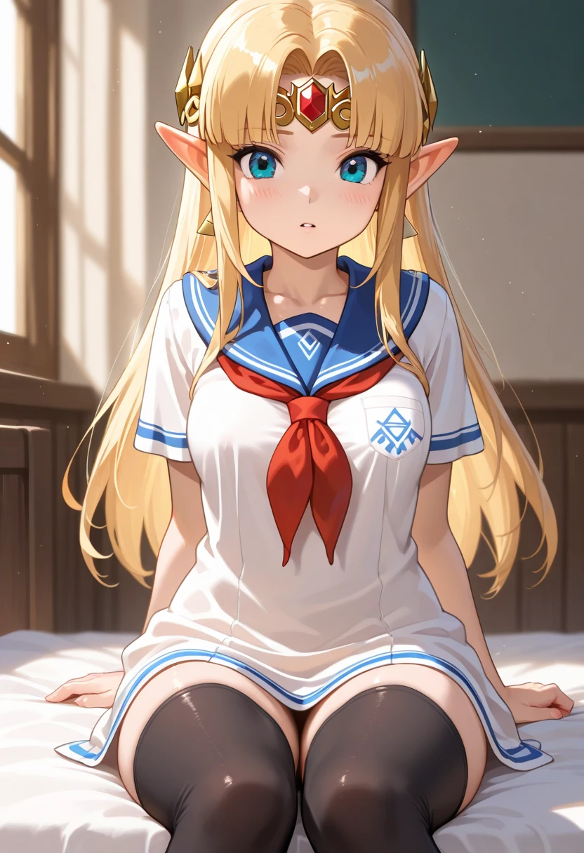 (masterpiece, best quality:1.2),illustration,8k,hd,1girl,solo,(good anatomy),(portrait:1.2),(from the front), ((flat-chested:1.4), (tiny nipples), elf,pointy ears,very long hair,blond hair, (((white long loose socks))), (torn tattered summer sailor uniform, serafuku, red ribbon tie, naby pleated micro skirt, light skyblue string panties), (transparent collared shirt):1.3, parted bangs,blue eyes, upskirt:1.3, ((sitting, squatting, spreading legs)), peeing, (spreading pussy by fingers), (peeing:1.5), (ahegao, female orgasm, sweating, steam:1.4), (cum string between tiny nipples), bukkake, cum on upper body, cum on legs, loose socks, (spreading pussy by fingers), pee, peeing, (peeing over lightblue panties)
